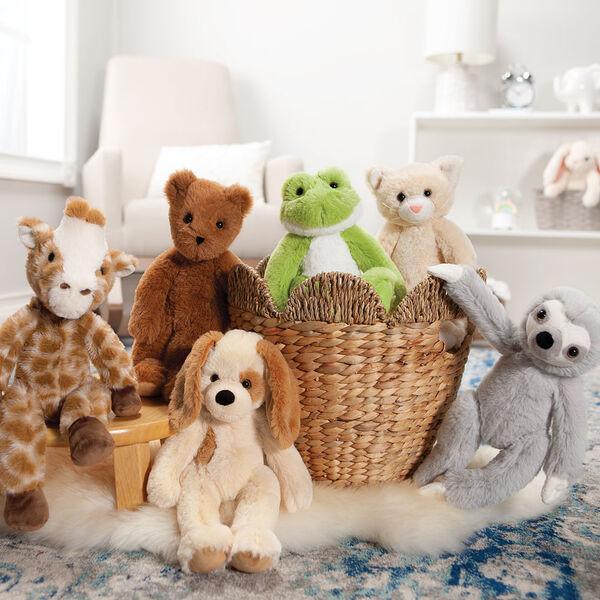 15" Buddy Frog - Group image of seated plush green slim frog in a basket with Buddy Sloth, Buddy Kitten, Buddy Puppy, Buddy Giraffe, and Buddy Bear image number 11