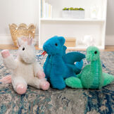 18" Fluffy Fantasies Dinosaur - Group of 3 with Unicorn, Blue Dragon and Dinosaur in a living room setting image number 6