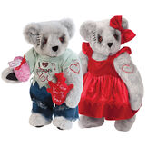 15" Zombie Love and Zombie Sweetheart Bear - Front view of standing jointed bears with blackened eyes, embroidered scars and red heart tattoo on right arms wearing torn t-shirt and jeans and red velvet dress and hairbow - gray fur image number 0