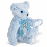 15" Winter Wonderland Bear - Side view of 15" seated jointed ice blue bear wearing a blue satin bow with a Danforth Pewter snowflake ornament image number 2