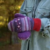 Bernie Mittens - Model wearing multi colored wool blend mittens image number 7