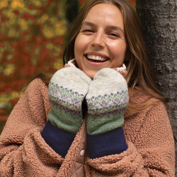 Bernie Mittens - Model wearing multi colored wool blend mittens image number 2