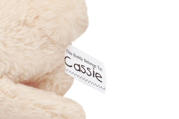 A close up image of the name tag on The World's Softest Bunny