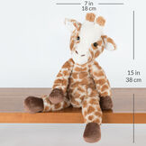 15" Buddy Giraffe - brown and tan print giraffe with dark brown hooves and brown eyes sitting, on shelf with a width measurement of 7 in or 18 cm and and length measurement of 15 in or 38 cm long.  image number 6