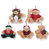 Vintage Inspired Holiday Ornaments - Set of 5 - 4" Plush seated ornaments dressed as a Skier, Snowshoe Bear, Bear with Snowballs, Sledding Bear and Skater Bear in red and green outfits. image number 1