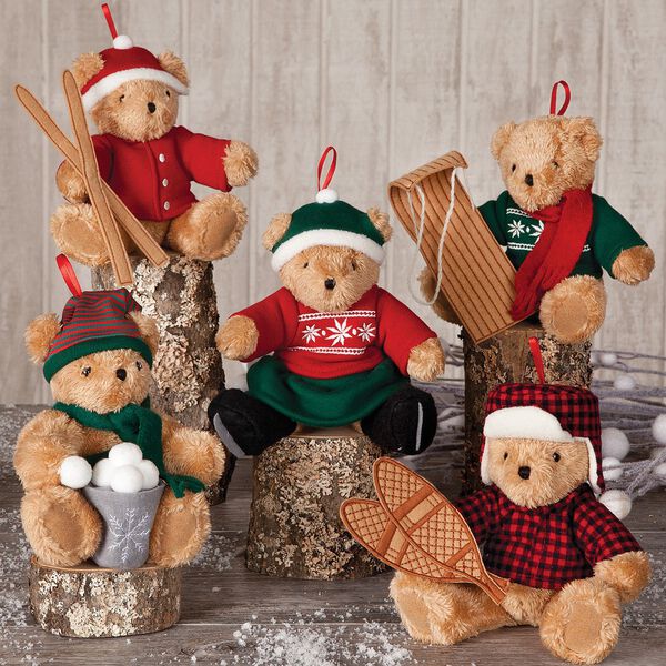 Vintage Inspired Holiday Ornaments - Set of 5 - 4" Plush seated ornaments dressed as a Skier, Snowshoe Bear, Bear with Snowballs, Sledding Bear and Skater Bear in red and green outfits.  image number 0