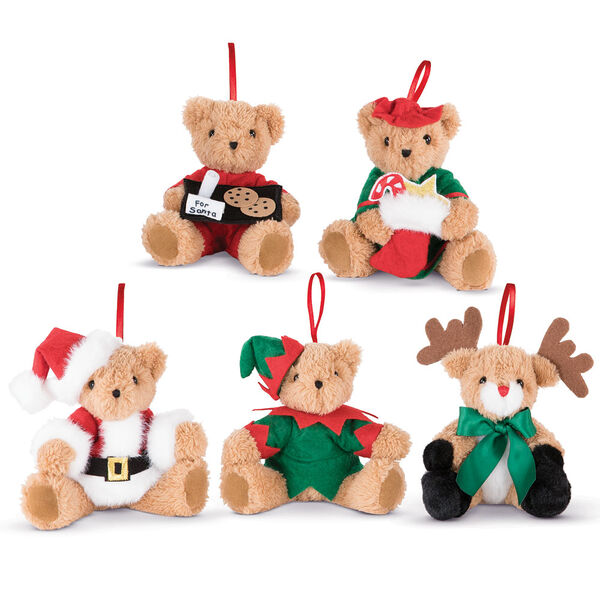 The Night before Christmas Ornaments Set - 4" plush ornaments - Reindeer, Santa, Bear in PJs with cookies, Elf, Mrs. Claus image number 1