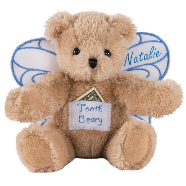 6" Tooth Beary - Seated tan plush bear with pocket on the belly for a lost tooth and white wings with blue embroidery image number 2