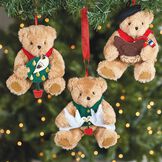 12 Days of Christmas Ornament Set - 3 Bears hanging in a Christmas tree each holding a different bird: Partridge in a Pear Tree, 2 Turtle Doves, and a French Hen.  image number 2