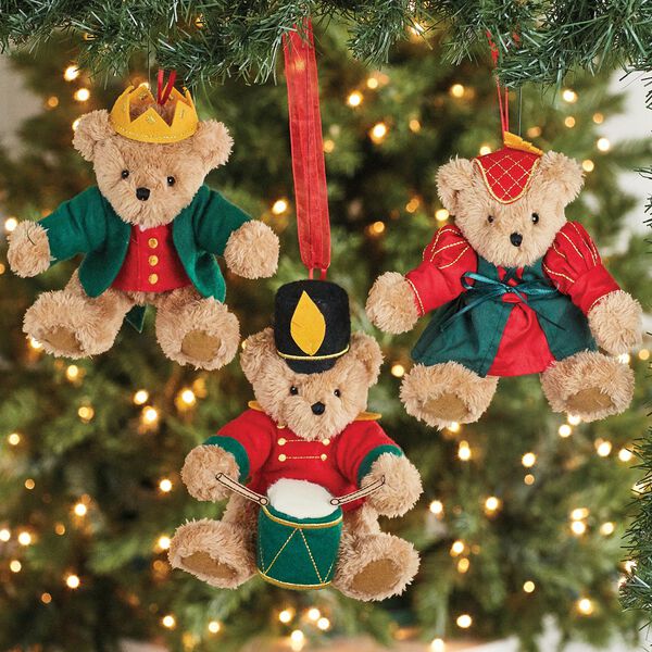 12 Days of Christmas Ornament Set - 3 Bears hanging in a Christmas tree dressed in red and green costumes: a Lady Dancing, a Lord a leaping, a Piper piping, and a Drummer drumming image number 3