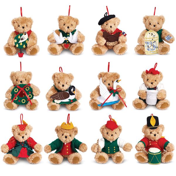 12 Days of Christmas Ornaments-4" lt brown bears holding: Partridge in Pear Tree, 2 Turtle Doves, French Hen, 4 Calling Birds, 5 Golden Rings, Goose Laying, Swan Swimming; Maid Milking, Lady Dancing, Lord Leaping, Piper piping, Drummer drumming.  image number 0