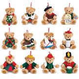 12 Days of Christmas Ornaments-4" lt brown bears holding: Partridge in Pear Tree, 2 Turtle Doves, French Hen, 4 Calling Birds, 5 Golden Rings, Goose Laying, Swan Swimming; Maid Milking, Lady Dancing, Lord Leaping, Piper piping, Drummer drumming.  image number 0