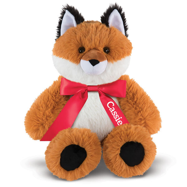 18" Oh So Soft Fox - Front view of seated red Fox with white belly and muzzle and black tipped ears and foot pads wearing a red satin bow with tails personalized with "Cassie" in white lettering image number 3