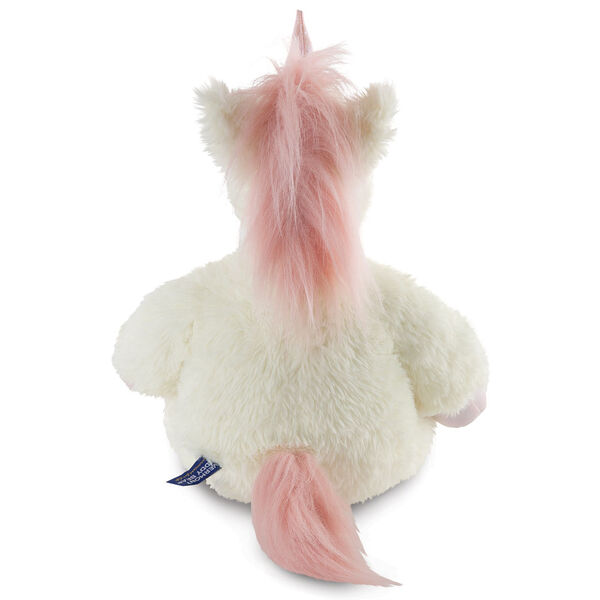 18" Fluffy Fantasies Unicorn - Back view of seated creamy white Unicorn with iridescent pink horn and hooves and fluffy mane and tail image number 8