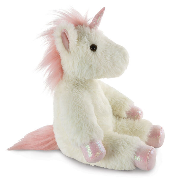 18" Fluffy Fantasies Unicorn - Side view of seated creamy white Unicorn with iridescent pink horn and hooves and fluffy mane and tail image number 0