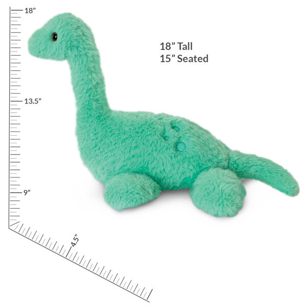 18" Fluffy Fantasies Dinosaur - Side view of green aquatic plush dinosaur with iridescent satin details with measurement of 18" tall or 15" seated image number 3