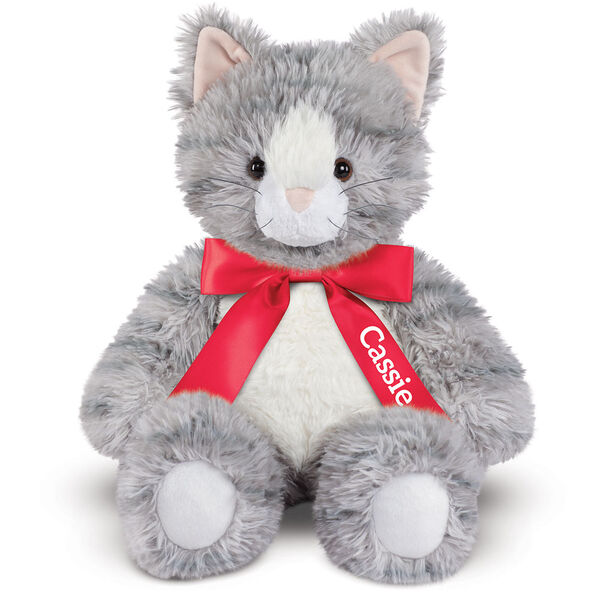 18" Oh So Soft Kitten - Front view of seated 18" gray striped kitten with white muzzle, belly and foot pads wearing a red satin bow with tails personalized with "Cassie" in white lettering image number 4