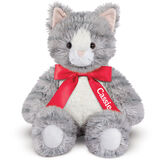 18" Oh So Soft Kitten - Front view of seated 18" gray striped kitten with white muzzle, belly and foot pads wearing a red satin bow with tails personalized with "Cassie" in white lettering image number 4