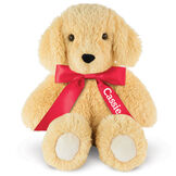 18" Oh So Soft Puppy - Front view of seated tan 18" Puppy with tail and ivory foot pads wearing a red satin bow with tails personalized with "Cassie" in white lettering image number 3