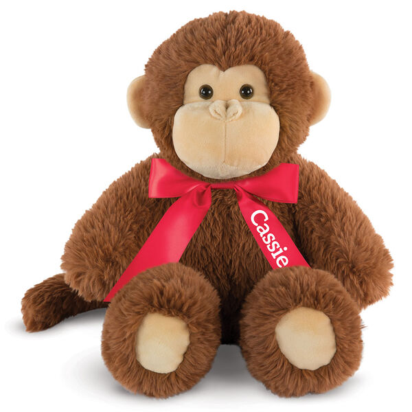 18" Oh So Soft Monkey - 18" cinnamon brown monkey with tail and tan ears, muzzle and foot pads wearing a red satin bow with tails personalized with "Cassie" in white lettering image number 3