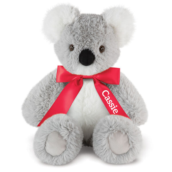 18" Oh So Soft Koala - Front view of seated 18" gray koala with white muzzle, ears and belly wearing a red satin bow with tails personalized with "Cassie" in white lettering image number 4