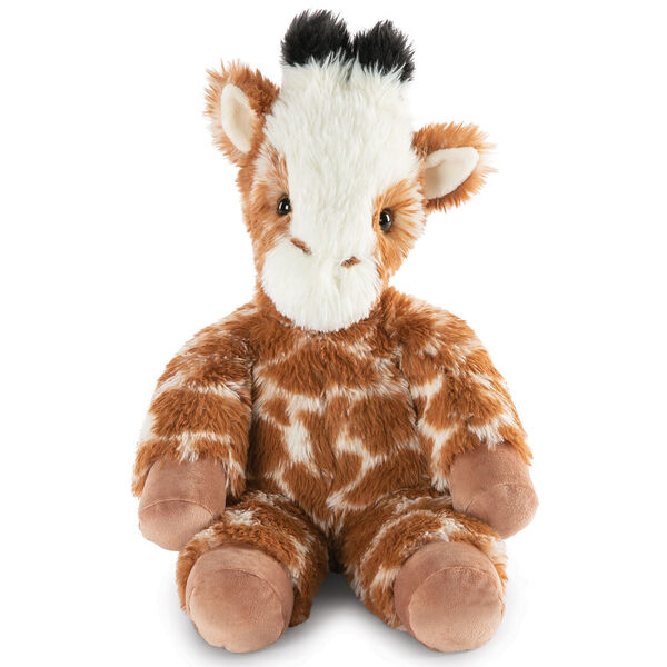 18" Oh So Soft Giraffe - Front view of seated brown and tan patterned Giraffe with ginger brown mane and tail, beige hooves, cream muzzle and black tipped horns  image number 0