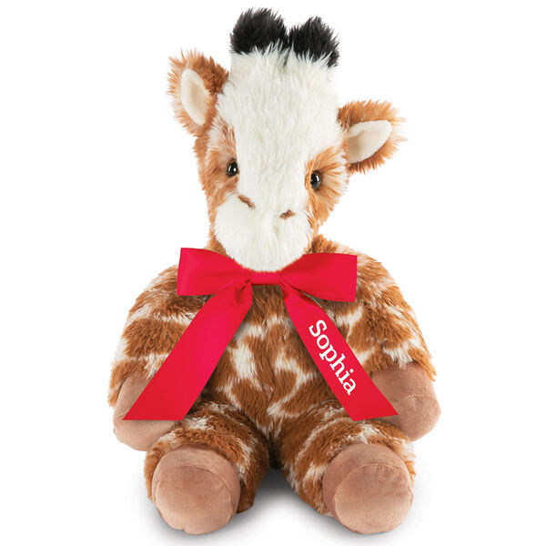 18" Oh So Soft Giraffe - Front view of seated brown and tan patterned Giraffe with ginger brown mane and tail, beige hooves, cream muzzle and black tipped horns wearing a red satin bow with tails personalized with "Sophia" in white lettering image number 4