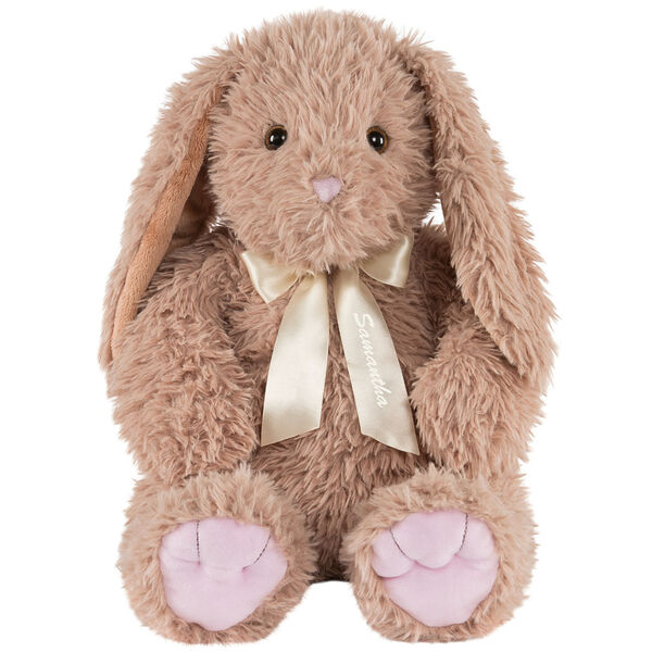 20" World's Softest Bunny - Seated mocha brown bunny with ivory satin neck bow personalized with "Samantha" image number 0