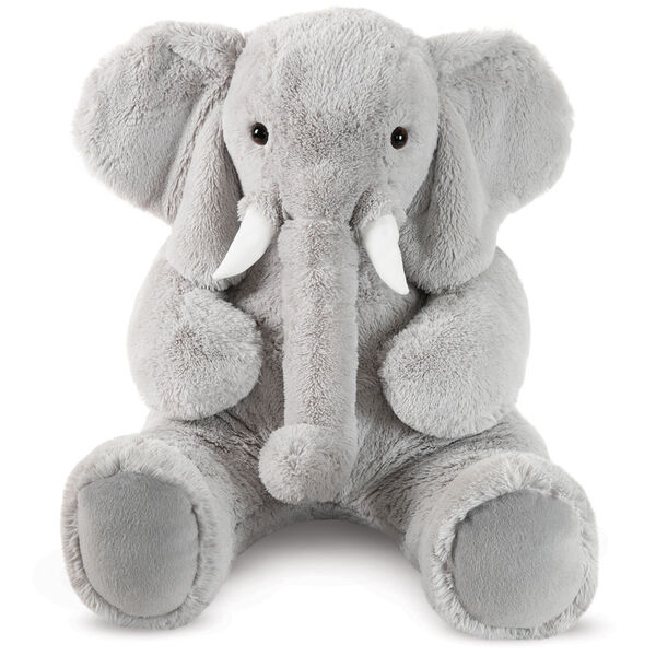 4' Cuddle Elephant - Front view of seated grey plush elephant with white fabric tusks, floppy ears and long trunk image number 1