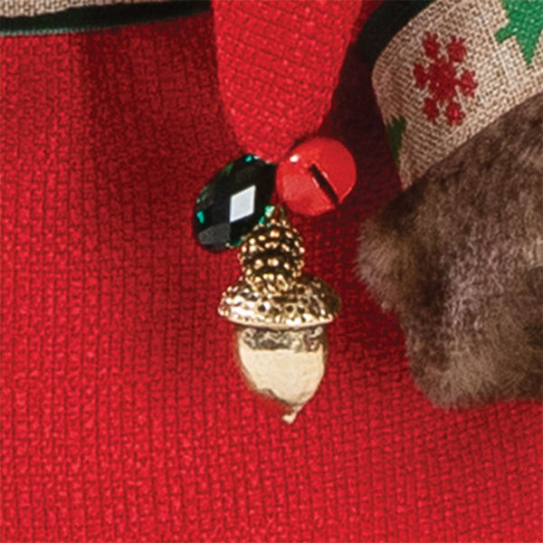 15" Limited Edition Woodland Santa Bear - Close up of gold bell detail on back of hood