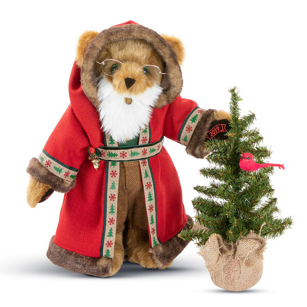 15" Limited Edition Woodland Santa Bear - Standing jointed bear with green eyes dressed in red velvet hooded coat with trim, brown pants, green shirt, white beard and glasses. Holding a Christmas tree with cardinal in branches - Honey brown fur