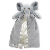 18" Oh So Soft Elephant with Elephant Lovey Security Blanket - Close up of gray elephant blanket with white satin skirt and with velcro strap for stroller image number 2