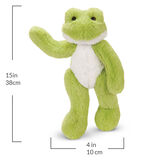 15" Buddy Frog - Front view of standing waving plush green slim frog with measurements that read, "15 in or 38 cm tall and 4 in or 10 cm wide." image number 8