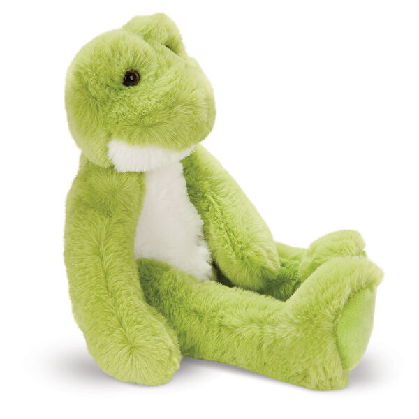 15" Buddy Frog - Side view of seated plush green slim frog with white belly and brown eyes image number 12