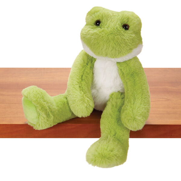 15" Buddy Frog - Front view of seated plush green slim frog with white belly and brown eyes on a shelf image number 0