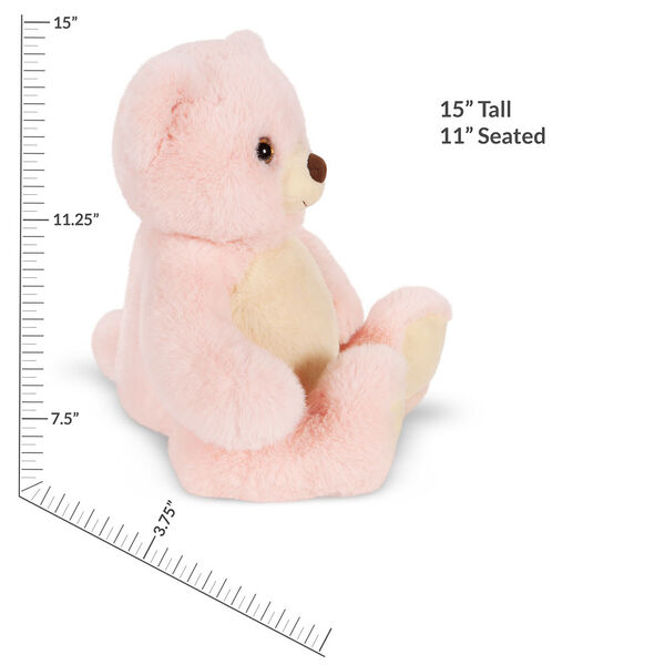 15" Cuddle Chunk Teddy Bear, Bubblegum - Side view of pink bear with measurements of 15" Tall and 11" Seated image number 2