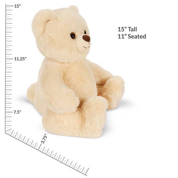 15" Cuddle Chunk Teddy Bear, Buttercream - Side view of  tan bear with measurements of 15" Tall or 11" Seated image number 2