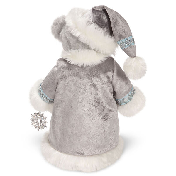 15" Limited Edition Snowflake Santa - Back view of gray standing bear in a silver and fur long coat with crystal snowflake