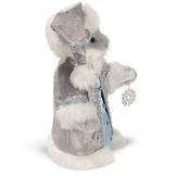 15" Limited Edition Snowflake Santa - Side view of gray standing bear in a silver and fur long coat with crystal snowflake image number 3