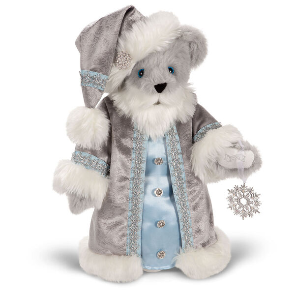 15" Limited Edition Snowflake Santa - front view of gray standing bear in a silver and fur long coat
