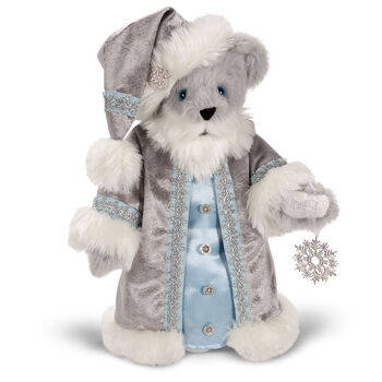 15" Limited Edition Snowflake Santa - front view of gray standing bear in a silver and fur long coat