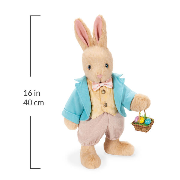 16" Limited Edition Easter Bunny - Front view of Jointed Standing Buttercream Rabbit in a turquoise jacket, yellow vest with bow tie, tan knickers holding an Easter basket with eggs. Measurement of 16 in or 40 cm image number 5