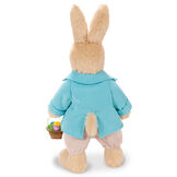 16" Limited Edition Easter Bunny - Back view of Jointed Standing Buttercream Rabbit in a turquoise jacket, yellow vest with bow tie, tan knickers holding an Easter basket with eggs. image number 6