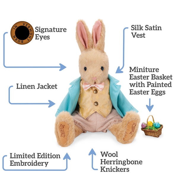 16" Limited Edition Easter Bunny - Front view of jointed seated Rabbit in Easter outfit, text says, "Signature Eyes; Silk Satin Vest; Miniature Easter Basket with Painted Easter Eggs; Wool Herringbone Knickers; Limited Edition Embroidery; Linen Jacket". image number 1