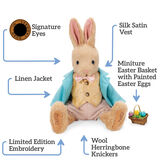 16" Limited Edition Easter Bunny - Front view of jointed seated Rabbit in Easter outfit, text says, "Signature Eyes; Silk Satin Vest; Miniature Easter Basket with Painted Easter Eggs; Wool Herringbone Knickers; Limited Edition Embroidery; Linen Jacket". image number 1