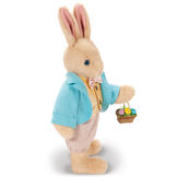 16" Limited Edition Easter Bunny - Side view of Jointed Standing Buttercream Rabbit in a turquoise jacket, yellow vest with bow tie, tan knickers holding an Easter basket with eggs. image number 7