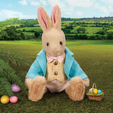 16" Limited Edition Easter Bunny - Front view of jointed seated Buttercream Rabbit in a turquoise jacket, yellow vest with bow tie, tan knickers, and an Easter basket with eggs. Rabbit is in an outdoor scene.  image number 4