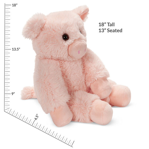 18" Oh So Soft Pig - Three quarter view of seated soft plush pink pig with measurements that read "18" Tall or 13" Seated". image number 4