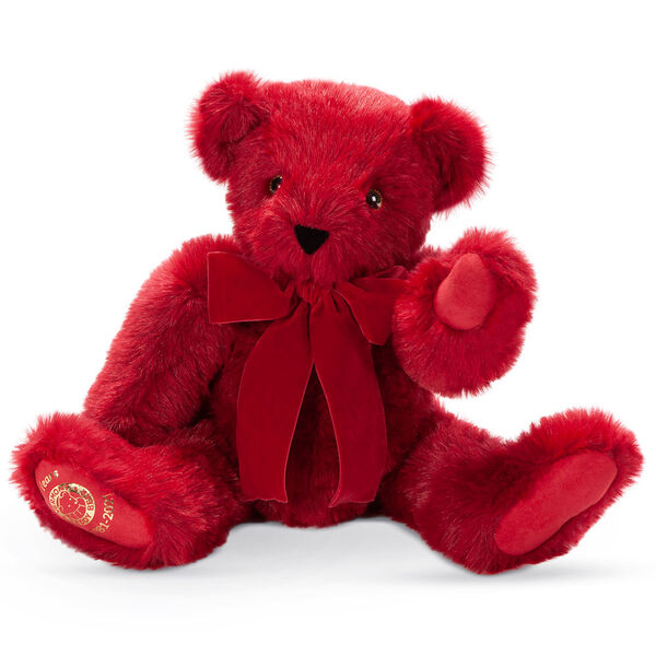 20" Special Edition 40th Anniversary Bear - Seated jointed ruby red bear with red pads and gold Vermont Teddy Bear logo on right foot with red bow image number 3