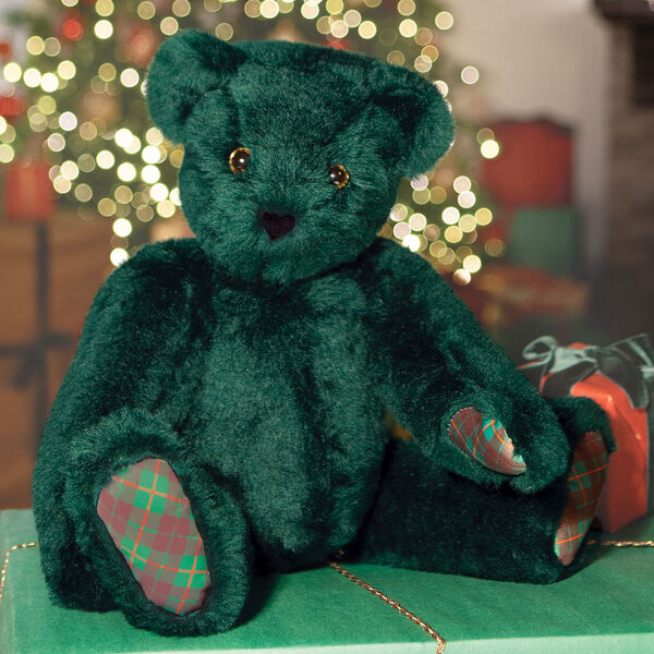 20" Special Edition Classic Christmas Plaid Bear- Seated front view of jointed dark green bear with plaid paw pads and hazel eyes
